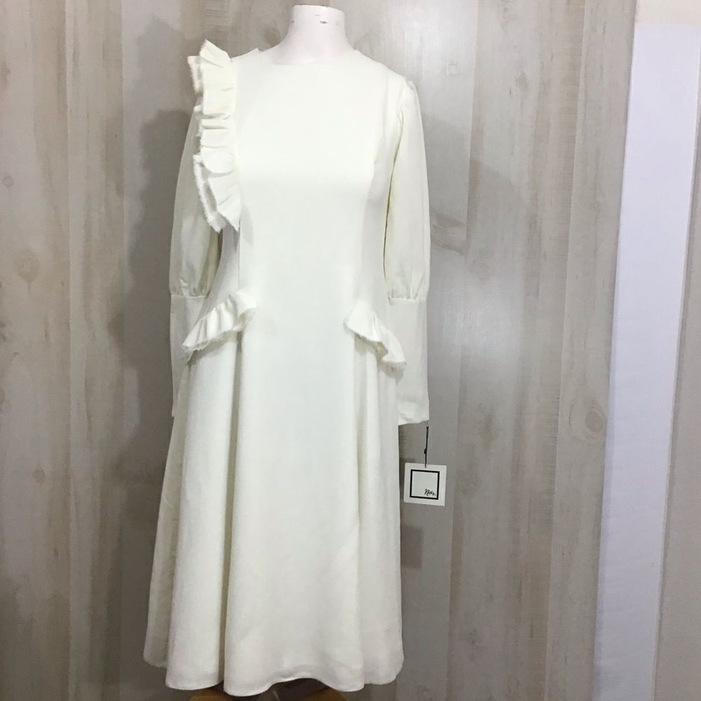 Noir X The London Coat Company Ruffle White Midi Dress